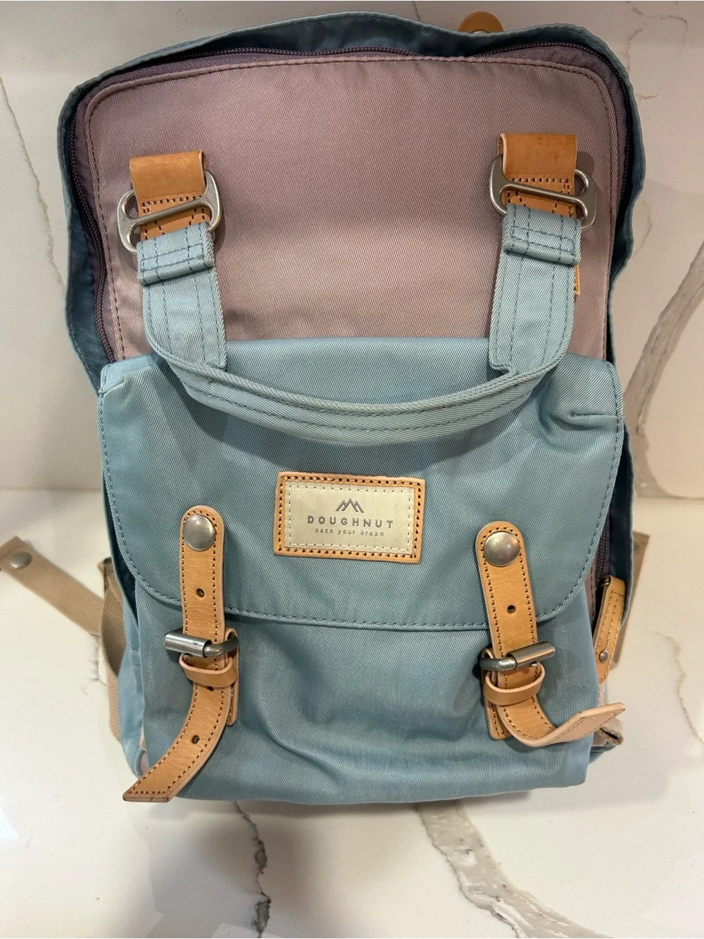 Doughnut Macaroon Blue & Lavender Canvas Backpack with Tan Accents - Women